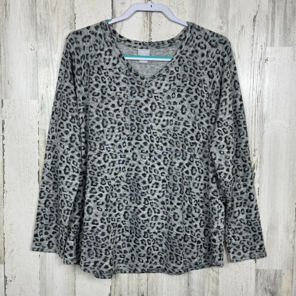 Chico's knit animal leopard print top gray black 12/14